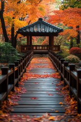 Fototapeta premium Japanese garden with wooden bridge, vibrant foliage, serene atmosphere