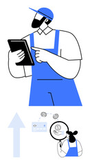 Worker in blue uniform and cap uses a digital tablet. Smaller image shows analysis of financial data and growth with magnifying glass. Ideal for technology, labor force, efficiency, analytics
