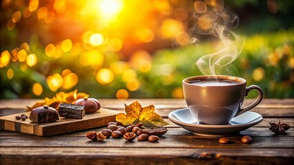 Fototapeta premium Warm Coffee, Chocolate Bokeh, Cozy Morning: Perfect for Text Overlay Stock Photo