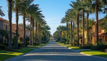 Fototapeta premium Palmlined street with neatly trimmed lawns, sunny afternoon, clear sky