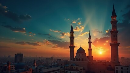 Fototapeta premium Beautiful Sunset Over a Mosque With Minarets During Ramadan Celebration in a Vibrant Skyline