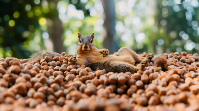 Lazy greedy squirrel sitting atop his mound of hoarded acorns, saving for the winter