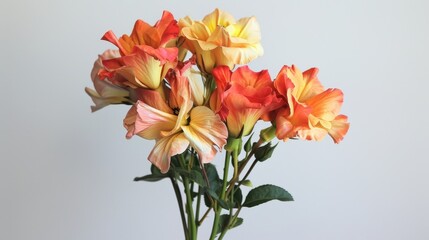 Obraz premium Beautiful bouquet of vibrant orange and yellow roses against light background, showcasing their delicate petals and lush green leaves, perfect for brightening any space