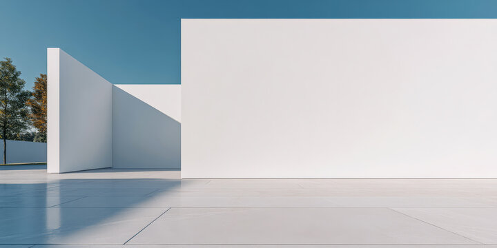 Modern architectural design with minimalistic white walls under clear blue sky