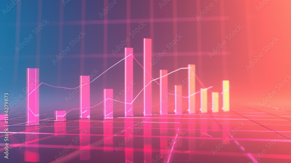 Poster digital graph with colorful bars and lines representing data trends
