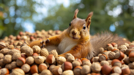 Lazy greedy squirrel sitting atop his mound of hoarded acorns, saving for the winter
