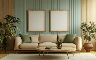 Modern living room interior design, beige sofa, wooden coffee table, green wall, plants. Use Home decor inspiration