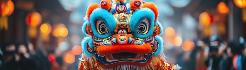 Obraz premium Traditional Chinese lion dance, colorful costume, festive atmosphere