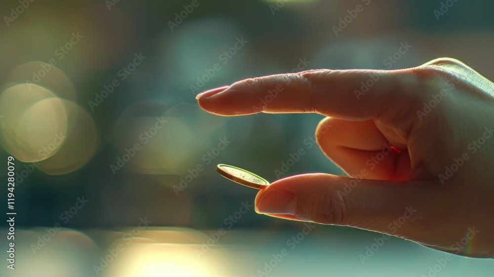 Poster hand holding coin against blurred background, symbolizing finance and decision making. soft bokeh ef
