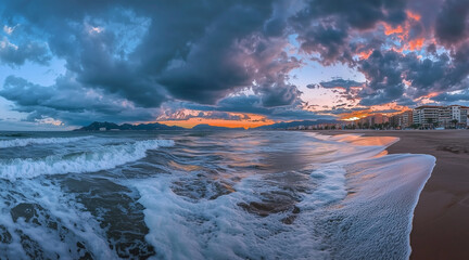 Naklejka premium Spanish beach panorama view with foam waves before storm, sea or ocean water under sunset sky with dark blue clouds. Background summer