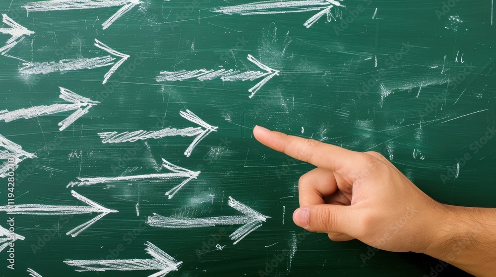 Poster hand pointing at chalkboard with arrows, symbolizing direction and guidance. chalk marks create dyna