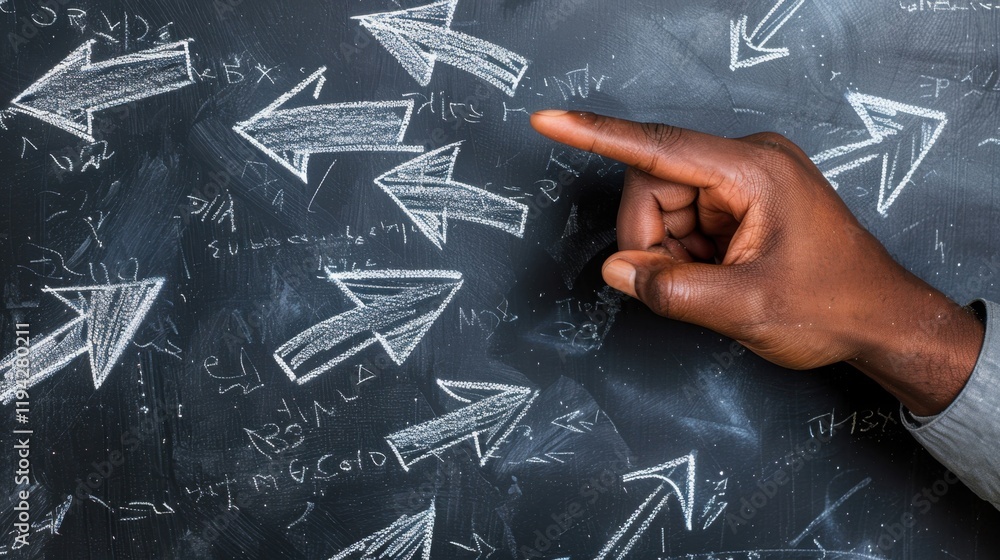 Poster hand pointing at various chalk arrows on blackboard, symbolizing direction and guidance. chaotic arrangement of arrows suggests multiple choices and paths