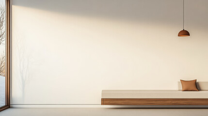 Modern minimalist interior design with natural light and simple furnishings in a cozy room