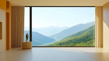 Modern interior design with large window showcasing beautiful mountain landscape