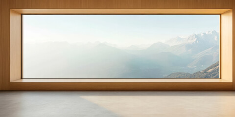 Stunning mountain landscape viewed through a large wooden window during sunrise