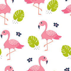 Colorful flamingo pattern with tropical leaves and flowers on a white background
