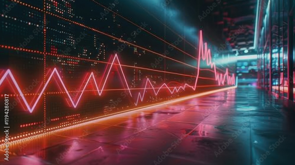Poster vibrant digital graph with fluctuating lines in neon colors, set in futuristic corridor. atmosphere 