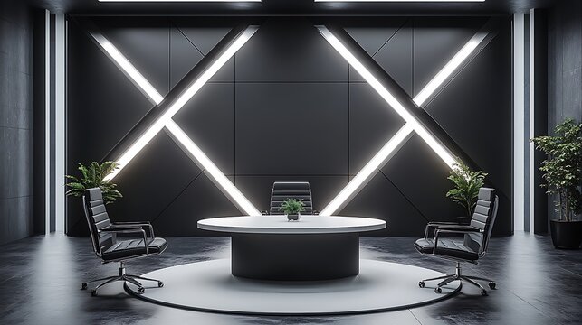 A sophisticated black-and-white podcast studio with a white round table, black upholstered chairs, and a minimal backdrop with sleek black and white geometric patterns.