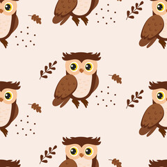 Naklejka premium Pattern of cute cartoon owls among leaves and acorns on a light background