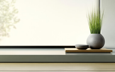 Modern interior design featuring a potted plant on a minimalist tabletop in natural light