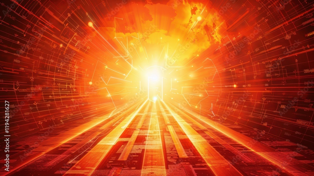 Poster abstract digital explosion with bright light rays and vibrant colors, creating sense of energy and m