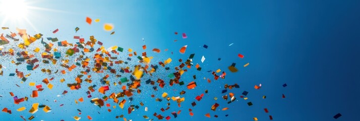 Vibrant Colorful Confetti Showering Under a Bright Clear Blue Sky During a Joyous Celebration