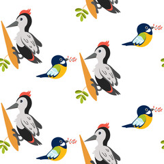 Colorful pattern featuring woodpeckers and small birds in a playful design