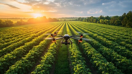 Fototapeta premium Expansive fields with drones mapping and spraying crops autonomously