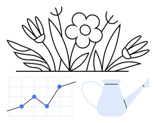 Flowers in bloom framed by a watering can and a rising line graph symbolize growth. Ideal for themes on success, nurturing, sustainability, productivity, education, innovation, abstract line flat