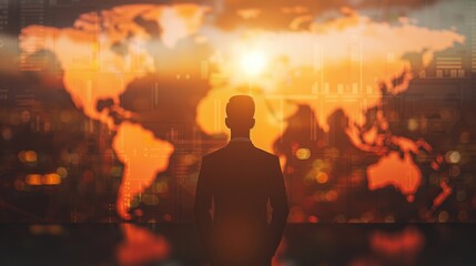 Silhouette of businessman looking at glowing world map during sunset, symbolizing global business opportunities and connections