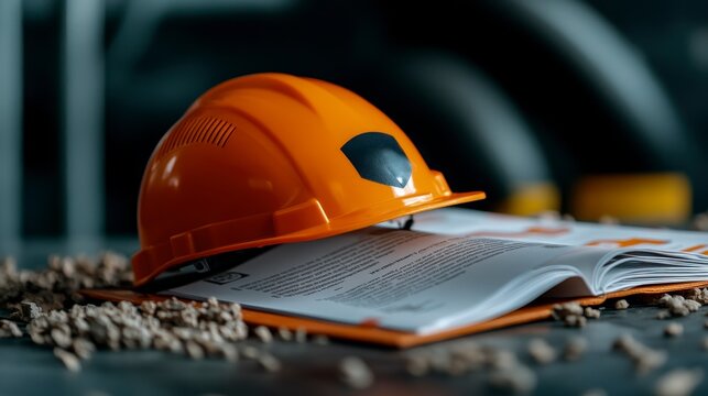 Orange safety helmet resting on an open manual surrounded by scattered materials in a workshop