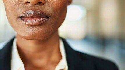 Fototapeta premium close up of woman lips and chin, showcasing confident expression in professional setting. soft lighting highlights her features, emphasizing elegance and poise