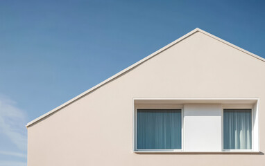 Modern house design with a minimalist aesthetic and clear blue sky backdrop