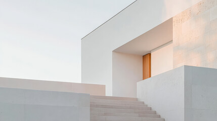 Obraz premium Modern architectural design with white walls and wooden accents at sunset