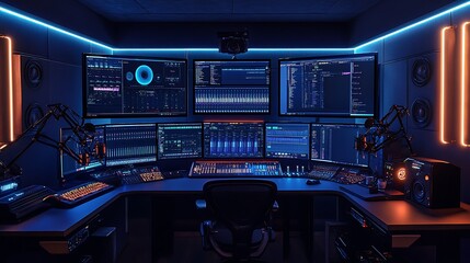 A tech-heavy podcast studio with multiple curved monitors, a sleek black desk, and advanced mixers with glowing LED buttons. Dynamic microphones on adjustable arms are perfectly positioned,