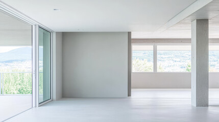 Fototapeta premium Modern empty room with large windows and scenic view in a minimalist style