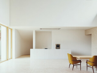 Fototapeta premium Modern interior design in a minimalist space with yellow chairs and a sleek counter area