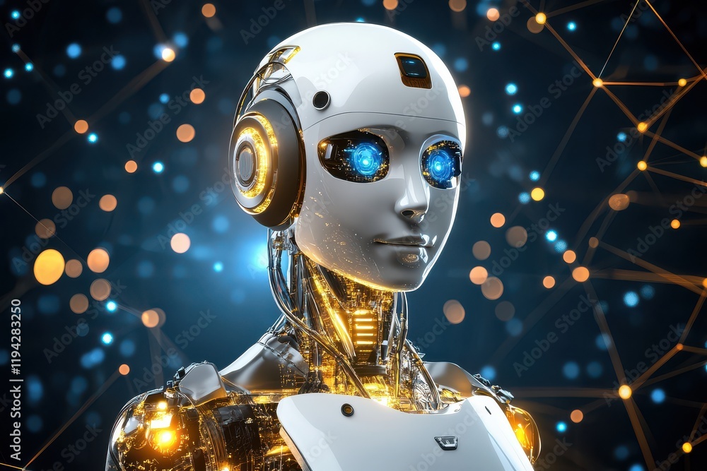 Poster futuristic robot with glowing eyes and advanced technology in a digital world, emphasizing artificia