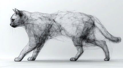 Abstract representation of a cat in motion, depicted with a wireframe design on a minimalist background