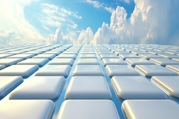 Naklejka premium Serene White Tiles Under a Bright Blue Sky with Fluffy Clouds