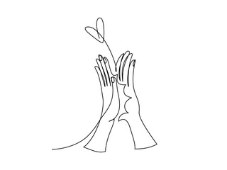 Hight five or give me five hands in continuous line art, editable stroke.