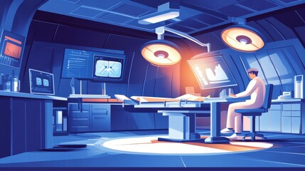 High-Tech Surgical Operating Room with Bright Lighting, Advanced Medical Equipment, and Focused Surgeon in a Modern Hospital Environment
