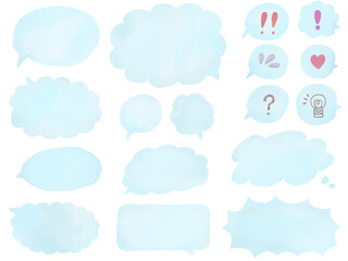 吹き出し：水彩風の水色の手描きフキダシのセット