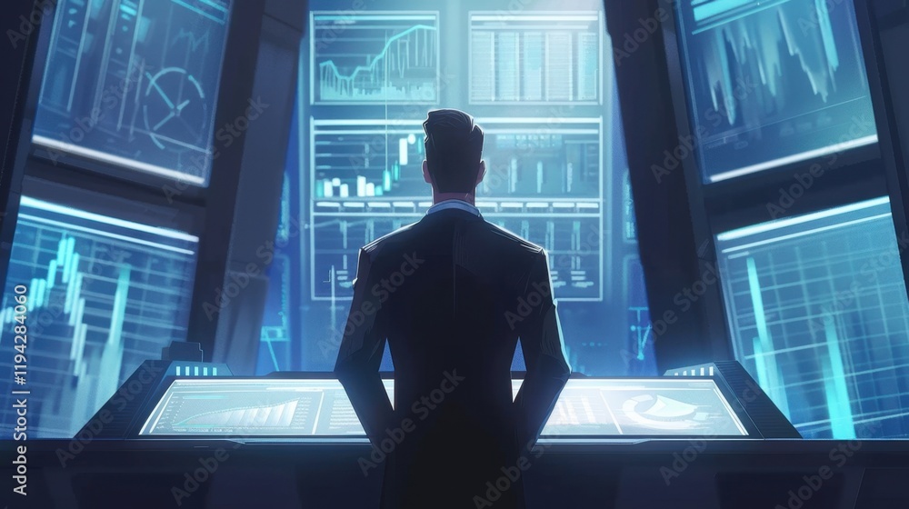 Poster business professional analyzes data in high tech control room, surrounded by digital screens display