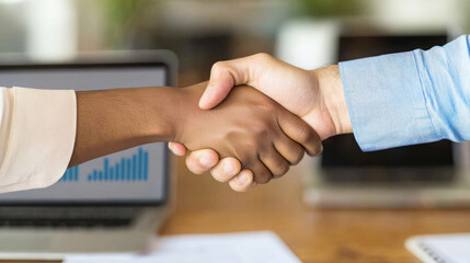 Professional handshake between diverse team members in office setting