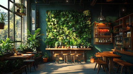 A vibrant studio setup with a green living wall, rustic wooden furniture, and a combination of hanging planters and terrariums. Bright natural light enhances the fresh, organic vibe of the space,
