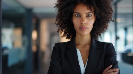 Fototapeta premium Confident woman in black suit with curly hair, standing in office. She exudes professionalism and determination, ready to tackle any challenge
