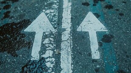 Fototapeta premium image shows close up of road surface with two white arrows indicating direction. texture of asphalt is visible, along with some water stains, creating gritty urban feel