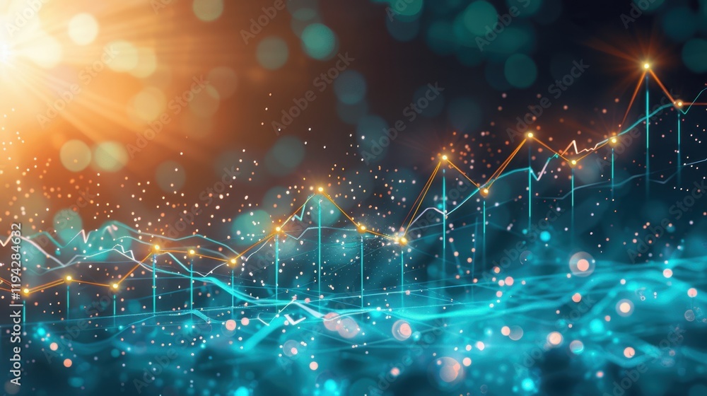 Poster dynamic financial graph with glowing lines and bokeh effects, representing growth and data analysis.