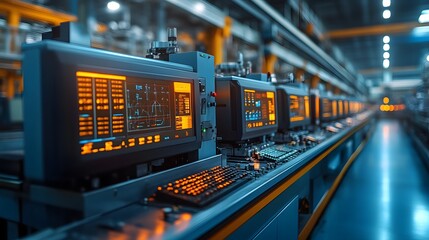 Naklejka premium Smart factory environment with engineers observing real-time machine data on displays